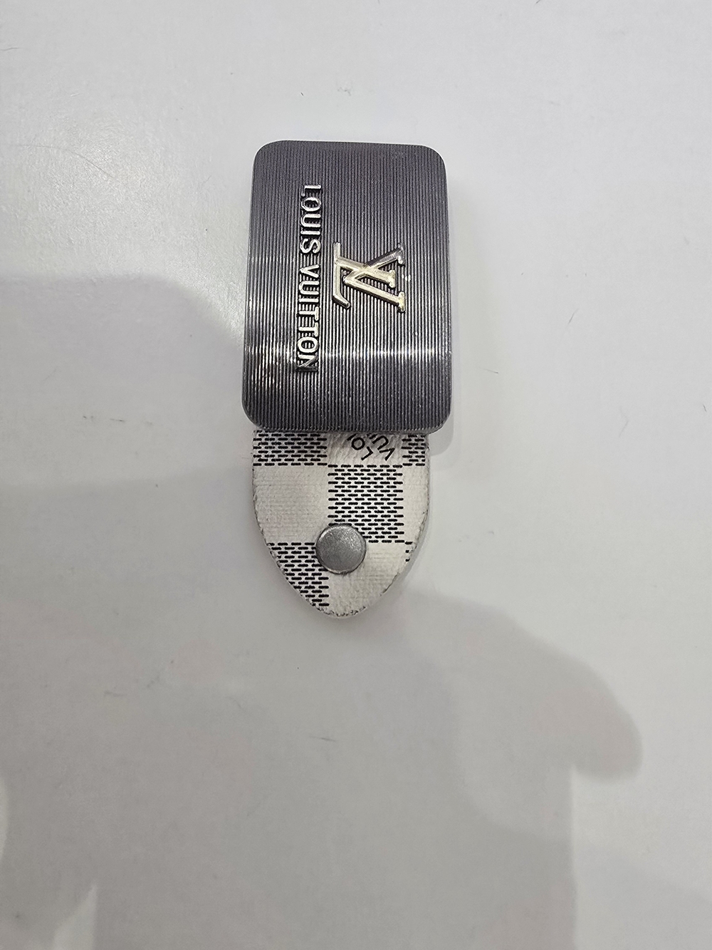 LV Silver-Tone Engraved Metal Belt Buckle.